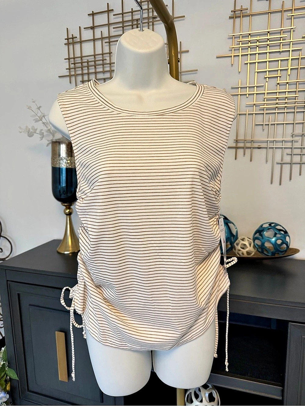 Just Be. Striped Ruched Tank Top in White & Brown Like New